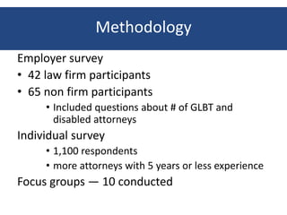 Methodology
Employer survey
• 42 law firm participants
• 65 non firm participants
     • Included questions about # of GLBT and
       disabled attorneys
Individual survey
     • 1,100 respondents
     • more attorneys with 5 years or less experience
Focus groups — 10 conducted
 