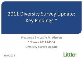 2011 Diversity Survey Update:
         Key Findings *

           Presented by: Leslie M. Altman
                * Source 2011 MSBA
              Diversity Survey Update

May 2012
 