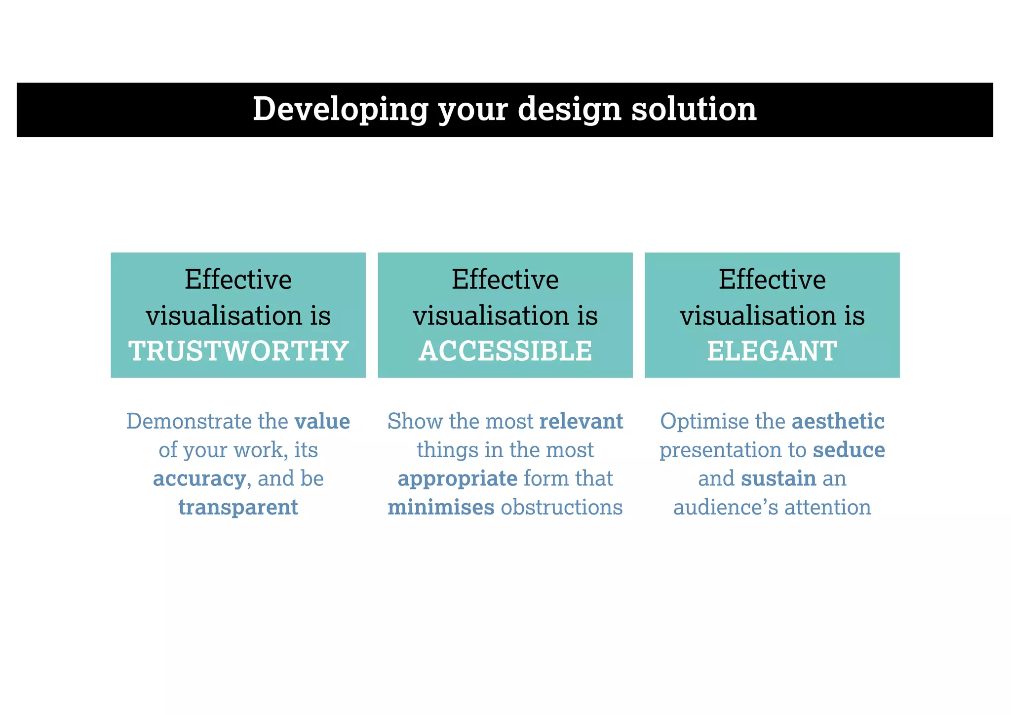 Developing your design solution
Demonstrate the value
of your work, its
accuracy, and be
transparent
Show the most relevant
things in the most
appropriate form that
minimises obstructions
Optimise the aesthetic
presentation to seduce
and sustain an
audience’s attention
Effective
visualisation is
TRUSTWORTHY
Effective
visualisation is
ACCESSIBLE
Effective
visualisation is
ELEGANT
 