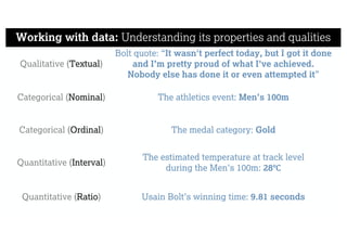 Working with data: Understanding its properties and qualities
Qualitative (Textual)
Bolt quote: “It wasn't perfect today, but I got it done
and I’m pretty proud of what I've achieved.
Nobody else has done it or even attempted it”
Categorical (Nominal) The athletics event: Men's 100m
Categorical (Ordinal) The medal category: Gold
Quantitative (Interval)
The estimated temperature at track level
during the Men's 100m: 28℃
Quantitative (Ratio) Usain Bolt’s winning time: 9.81 seconds
 