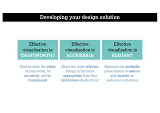 Developing your design solution
Demonstrate the value
of your work, its
accuracy, and be
transparent
Show the most relevant
things in the most
appropriate form that
minimises obstructions
Optimise the aesthetic
presentation to seduce
and sustain an
audience’s attention
Effective
visualisation is
TRUSTWORTHY
Effective
visualisation is
ACCESSIBLE
Effective
visualisation is
ELEGANT
 