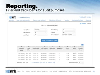 Reporting.
13
Filter and track loans for audit purposes
 