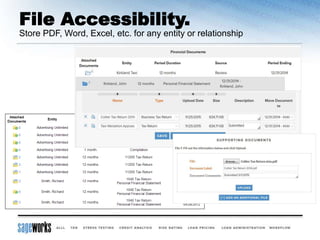 File Accessibility.
Store PDF, Word, Excel, etc. for any entity or relationship
 