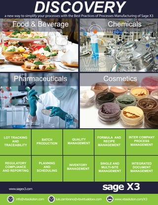 sage X3
info@vtssolution.com luis.zambrano@vtsvirtualdoxx.com
www.sagex3.com
www.vtssolution.com/X3
DISCOVERYa new way to simplify your processes with the Best Practices of Processes Manufacturing of Sage X3
Food & Beverage Chemicals
Pharmaceuticals Cosmetics
LOT TRACKING
AND
TRACEABILITY
BATCH
PRODUCTION
QUALITY
MANAGEMENT
FORMULA AND
RECIPE
MANAGEMENT
INTER COMPANY
PROCESS
MANAGEMENT
REGULATORY
COMPLIANCE
AND REPORTING
PLANNING
AND
SCHEDULING
INVENTORY
MANAGEMENT
SINGLE AND
MULTI-SITE
MANAGEMENT
INTEGRATED
DOCUMENT
MANAGEMENT
Solutions Inc.
 