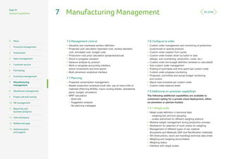 42 of 68
Sage X3
Solution Capabilities 7	 Manufacturing Management
7.6	Management control
•	 Valuation and overheads secti...