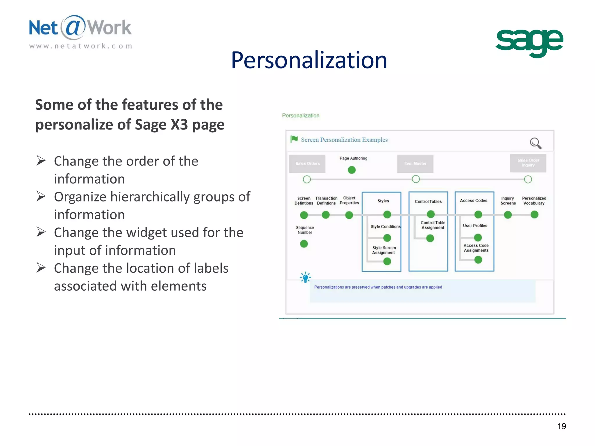 Personalization
19
Some of the features of the
personalize of Sage X3 page
 Change the order of the
information
 Organize hierarchically groups of
information
 Change the widget used for the
input of information
 Change the location of labels
associated with elements
 