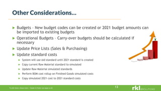 To edit footer choose Insert > Header & Footer and Apply to All 13
 Budgets – New budget codes can be created or 2021 budget amounts can
be imported to existing budgets
 Operational Budgets – Carry-over budgets should be calculated if
necessary
 Update Price Lists (Sales & Purchasing)
 Update standard costs
 System will use old standard until 2021 standard is created
 Copy current Raw Material standard to simulated
 Update Raw Material simulated standards
 Perform BOM cost rollup on Finished Goods simulated costs
 Copy simulated 2021 cost to 2021 standard costs
Other Considerations…
 