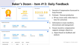 © 2015 Saggezza Inc. All rights reserved
Baker’s Dozen – Item #13: Daily Feedback
1. Incentive Compensation Scorecard to
keep focused
2. Estimate / forecast production
a. ID any issues early while there is
time for correction
3. Information to team members,
downstream and management
4. Ensure incentive compensation
supports strategic objectives
a. Adjust based on feedback and
analysis
 