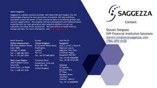 About Saggezza
Saggezza is a global solutions provider with deep links and insights into the
technologies shaping the next generation of business. We help ambitious
businesses unlock the power of their enterprise data to accelerate growth and
uncover opportunities. We combine software development and implementation
expertise with our next-generation data analytics platform to turn our
customers into data driven enterprises. We have offices in North America,
Europe and Asia. For more information, visit www.saggezza.com.
North America
Global Headquarters
200 West Madison Street,
Suite 1800,
Chicago, IL 60606
Tel: +1 800 460 5912
Tel: +1 312 267 2929
West Coast Region
3945 Freedom Circle,
Suite 630,
Santa Clara, CA 95054
Tel: +1 408 427 3435
Europe
United Kingdom
63–65 North Wharf Road,
Paddington,
London,
W2 1LA
Tel: +44 20 7680 8630
Asia Pacific
Bangalore
Unit 3, Level 3, Block B,
Bagmane Laurel,
Bagmane Tech Park,
CV Raman Nagar,
Bangalore 560 093
Tel: +91 80 42838585
Fax: +91 80 41161358
Chennai
IIT Madras –
Research Park,
9th Floor,
Kanagam Road,
Taramani,
Chennai – 600113
Tel: +91 44 66800900
Tavistock Place
Sunderland, Tyne and
Wear SR1 1PB
United Kingdom
Contact
Steven Simpson
SVP Financial Institution Solutions
steven.simpson@saggezza.com
(786) 859-4100
 
