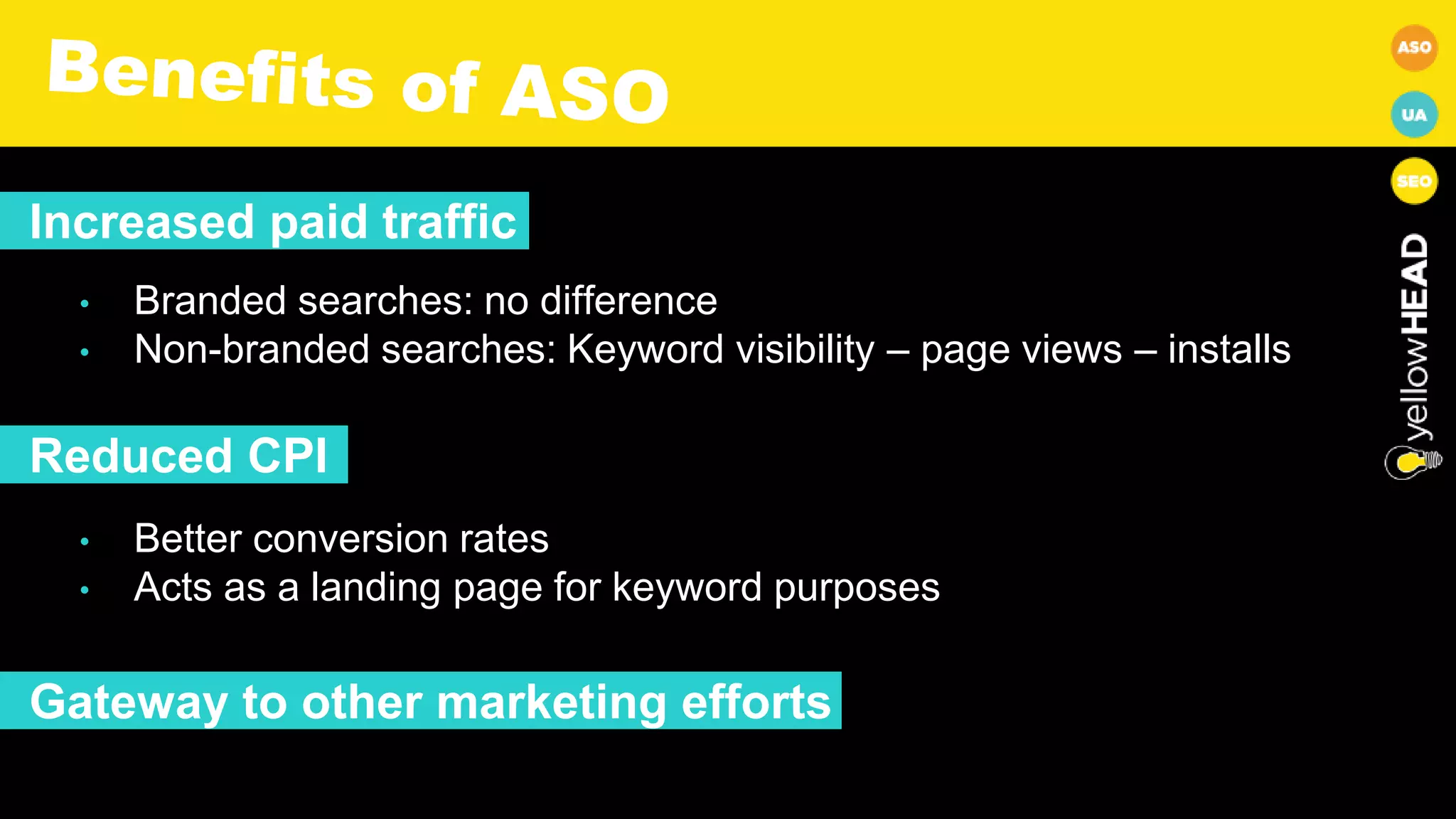 Increased paid traffic
• Branded searches: no difference
• Non-branded searches: Keyword visibility – page views – installs
Reduced CPI
• Better conversion rates
• Acts as a landing page for keyword purposes
Gateway to other marketing efforts
 