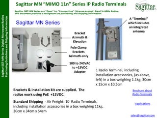 Sagittar MN “MIMO 11n” Series IP Radio Terminals
                                                  Sagittar SGT-MN Series are “Open” i.e. “License-free” (License-exempt) Band 5~6GHz Radios.
                                                  This document provides a background on purchasing and shipping information.
Sagittar SGT-MN Series Digital Microwave Radios
Purchasing Guidelines and Shipping Information



                                                                                                                                                A “Terminal”
                                                   Sagittar MN Series                                                                          which includes
                                                                                                                                               an integrated
                                                                                                                                                  antenna
                                                                                                    Bracket
                                                                                                   Azimuth &
                                                                                                   Elevation
                                                                                                 Pole Clamp
                                                                                                  Brackets
                                                                                                Azimuth-only

                                                                                                 100 to 240VAC
                                                                                                   to +15VDC
                                                                                                    Adapter             1 Radio Terminal, including
                                                                                                                        installation accessories, (as above,
                                                                                                                        left) in a box weighing 1.1kg, 30cm
                                                                                                                        x 15cm x 10.5cm
                                                  Brackets & installation kit are supplied. The                                                  Brochure about
                                                  radios work using PoE +15VDC.                                                                  Radio Terminals

                                                  Standard Shipping - Air Freight: 10 Radio Terminals,                                             Applications
                                                  including installation accessories in a box weighing 11kg,
                                                  30cm x 34cm x 54cm
                                                                                                                                                sales@sagittar.com
 
