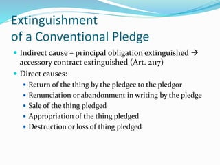 Extinguishment
of a Conventional Pledge
 Indirect cause – principal obligation extinguished 
accessory contract extinguished (Art. 2117)
 Direct causes:
 Return of the thing by the pledgee to the pledgor
 Renunciation or abandonment in writing by the pledge
 Sale of the thing pledged
 Appropriation of the thing pledged
 Destruction or loss of thing pledged
 