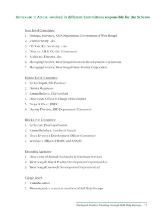Annexure 1: Actors involved in different Committees responsible for the Scheme


     State Level Committee:
     1. Principal Secretary, ARD Department, Government of West Bengal
     2. Joint Secretary, -do-
     3. OSD and Dy. Secretary, - do-.
     4. Director, AH & VS, -do-. (Convenor)
     5. Additional Director, -do-.
     6. Managing Director, West Bengal Livestock Development Corporation.
     7. Managing Director, West Bengal Dairy-Poultry Corporation.


     District Level Committee:
     1. Sabhadhipati, Zila Parishad
     2. District Magistrate
     3. Karmadhaksya, Zila Parishad
     4. Directorate Officer in Charge of the District
     5. Project Officer, DRDC
     6. Deputy Director, ARD Department (Convenor).


     Block Level Committee:
     1. Sabhapati, Panchayat Samati
     2. Karmadhakshya, Panchayat Samati
     3. Block Livestock Development Officer (Convenor)
     4. Veterinary Officer of BAHC and ABAHC


     Executing Agencies:
     1. Directorate of Animal Husbandry & Veterinary Services.
     2. West Bengal Dairy & Poultry Development Corporation Ltd.
     3. West Bengal Livestock Development Corporation Ltd.


     Village Level:
     1. Pranibandhus
     2. Women poultry rearers as members of Self Help Groups




                                             Backyard Poultry Farming through Self-Help Groups   14
 