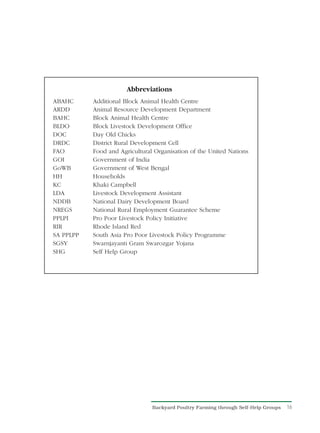Abbreviations
ABAHC      Additional Block Animal Health Centre
ARDD       Animal Resource Development Department
BAHC       Block Animal Health Centre
BLDO       Block Livestock Development Office
DOC        Day Old Chicks
DRDC       District Rural Development Cell
FAO        Food and Agricultural Organisation of the United Nations
GOI        Government of India
GoWB       Government of West Bengal
HH         Households
KC         Khaki Campbell
LDA        Livestock Development Assistant
NDDB       National Dairy Development Board
NREGS      National Rural Employment Guarantee Scheme
PPLPI      Pro Poor Livestock Policy Initiative
RIR        Rhode Island Red
SA PPLPP   South Asia Pro Poor Livestock Policy Programme
SGSY       Swarnjayanti Gram Swarozgar Yojana
SHG        Self Help Group




                                Backyard Poultry Farming through Self-Help Groups   16
 