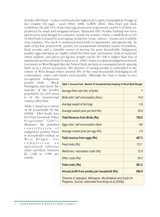 density (683 birds / sq km) and boasts the highest per-capita consumption of eggs in
      the country (34 eggs / year) (FAO, 2008; GoWB, 2004). Desi fowl and duck
      contributes 50 and 34 % of the total egg production respectively and 84 % of them are
      produced by small and marginal farmers. Backyard (BY) Poultry farming has been
      practiced in rural Bengal for centuries, mostly by women, where a small flock (2-10)
      of Desi birds is reared by scavenging on kitchen waste, insects / worms and available
      crop residues. The stock is uncharacterised both in appearance and genetically. In
      spite of the low productivity, poultry are an important subsidiary source of nutrition,
      food security and a valuable source of income for poor households. Indigenous
      poultry eggs and meat are highly valued for their taste and texture, both in rural and
      urban markets, and prices per kg live weight can be 50 –100 % higher than that of
      industrially produced birds (Conroy et al., 2005). Some recognized indigenous breeds
      (not native to West Bengal) like the Naked Neck are kept as ornamental stock, gaming
      birds or as a prized possession. The practice of raising poultry is embedded in the
      culture of West Bengal where around 49% of the rural households belonging to all
      communities, castes and classes keep poultry. Although the State is home to two
      recognized indigenous
      poultry birds - Black Table 1: Annual Cost - Benefit of Household Desi keeping in Rural West Bengal
      Haringhata and Aseel, the
      majority of the poultry Average flock size (No. of birds)                                          7
      population in rural areas
      is of the nondescript Birds sold / self consumption (Nos.)                                     14.8
      variety called Desi.
                                    Average weight of bird (kg)                                        0.9
      Table 1, based on a survey
      of 80 households by the Average market price per bird (Rs)                                     58.6
      NDDB - FAO South Asia
      Pro-Poor Livestock Policy Total Revenue from Birds (Rs)                                       780.6
      Programme (2007),
      illustrates the potential Eggs sold / self consumption (Nos)                                    195
      contribution of
      indigenous poultry (Desi) Average market price per egg (Rs)                                      2.5
      to household's welfare in
      W e s t B e n g a l . F o r Total revenue from eggs (Rs)                                      487.5
      comparison, an
                                    Feed costs (Rs)                                                 112.1
      agricultural labourer
      earns anywhere between Medicines / vaccination costs (Rs)                                      75.9
      Rs 1,000 to 1,500 per
      month. .                      Other costs (Rs)                                                 93.2

                                     Total costs (Rs)                                                281.2

                                     Annual profit from poultry per household (Rs)                   986.9

                                     *Districts of Jalpaiguri, Midnapore, Murshidabad and South 24
                                     Parganas. Source: elaborated from Ahuja et al (2008a)




3   GOOD PRACTICE NOTE • CODE: SAGP11
 