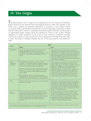 IV. The Origin

T   his good practice has its origins in the beginning of the Tree Growers' Cooperative
Project (TGCP) by the National Dairy Development Board in 1986. The mandate of the
TGCP was to address the growing degradation of commons in the country towards
securing the fodder and fuelwood requirements of rural communities. The Project evolved
into the National Tree Growers' Cooperative Federation Limited (NTGCFL) and the project
of regenerating village common lands was initiated in 5 States of the country, through
facilitation of village institutions in the form of Tree Growers' Cooperative Societies
(TGCS). The project was later transferred to the Foundation for Ecological Security (FES)
in 2001. The project in Madhya Pradesh, the site of this good practice, was initiated in
1998.

                                                                                 Roles
  Actors
                    Before                                                           After

  Government        Various departments of the governments involved in               The government has provided the policy context for
                    implementing different initiatives of watershed                  community based management of the common lands. The
                    development, afforestation, routing input subsidies to poor      village institution now interacts with various government
                    farmers etc. Some of these through village level user            departments/ agencies (Revenue department, DRCS etc) to
                    groups.                                                          plan for development of the Commons under collective
                                                                                     tenure. The village institution has become a point of
                                                                                     convergence for developmental programmes implemented
                                                                                     by the various departments.

  Village           Informal village institutions in the form of temple              The Tree Growers’ Cooperative Society has evolved as a
  Community/        committees, or traditional village development committees        village institution with a mandate of working on the
  Institution       existed. In some villages, these were village based while        village common lands. The TGCS is a platform where all
                    in others it was based on community affiliations.                members of a village have membership irrespective of
                                                                                     community or gender. We see that other informal
                    Institutions for natural resource management for grazing         traditional practices such as the Ora2 have strengthened
                    lands were in 3 of the 35 project villages. The system of        the TGCS. In addition, the TGCS in each village, in a
                    thel or water troughs for cattle drinking was prevalent          landscape such as a watershed, forms the basis for the
                    across villages.                                                 evolution of a forum for discussion of common issues.
                                                                                     Such a forum provides a platform for the spread of
                    These institutions, however, reflected the prevalent
                                                                                     collective action from village level to wider landscapes.
                    hierarchies in the village not always providing spaces for
                    marginalized groups in participation or decision-making.

  NGO               Before the FES initiative, there were no non-governmental        The collective action that is an outcome of the work on
                    initiatives in the region.                                       the Commons is evolving into a forum for convergence of
                                                                                     engagements by other NGOs also with the community.
                                                                                     The livelihoods support programme initiated by BASIX is
                                                                                     one example, where the collective action of communities
                                                                                     on the Commons has formed an institutional base for the
                                                                                     initiative on livelihood support.

  Gram              The Gram Panchayat, the local governing unit used to             The village institution now provides a platform where
  Panchayat         interact with constituent habitations through the respective     members of the habitation discuss issues of common
                    representatives of the habitation in the Panchayat or            concern in the habitation and strategies for representing
                    through its functionaries such as the Secretary on specific      these in the Panchayat. We observe that increased
                    issues. A large majority of the habitation members               participation in the village institution shows a trend
                    remained largely uninvolved with the Panchayat                   towards increasing popular participation by habitation
                    processes.                                                       members in Panchayat deliberations also.


 1
   Ora: system of rotational participation by each household in some collective action. The Ora might be for instance to take the village
 cattle to graze or for watch and ward duty on the village Commons




                                                                 Securing Community Tenure over Common Lands                                     17
 