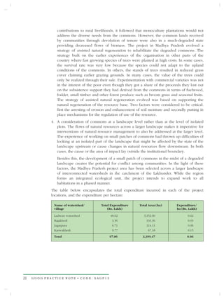 contributions to rural livelihoods, it followed that monoculture plantations would not
                address the diverse needs from the commons. However, the common lands received
                by communities through devolution of tenure were also in a much-degraded state
                providing decreased flows of biomass. The project in Madhya Pradesh evolved a
                strategy of assisted natural regeneration to rehabilitate the degraded commons. The
                strategy built on the earlier experiences of the organisation in other parts of the
                country where fast growing species of trees were planted at high costs. In some cases,
                the survival rate was very low because the species could not adapt to the upland
                conditions of the commons. In others, the stands of trees resulted in reduced grass
                cover claiming earlier grazing grounds. In many cases, the value of the trees could
                only be realized through their sale. Experimentation with commercial varieties was not
                in the interest of the poor even though they got a share of the proceeds they lost out
                on the subsistence support they had derived from the commons in terms of fuelwood,
                fodder, small timber and other forest produce such as broom grass and seasonal fruits.
                The strategy of assisted natural regeneration evolved was based on supporting the
                natural regeneration of the resource base. Two factors were considered to be critical:
                first the arresting of erosion and enhancement of soil moisture and secondly putting in
                place mechanisms for the regulation of use of the resource.
             4. A consideration of commons at a landscape level rather than at the level of isolated
                plots. The flows of natural resources across a larger landscape makes it imperative for
                interventions of natural resource management to also be addressed at the larger level.
                The experience of working on small patches of commons had thrown up difficulties of
                looking at an isolated part of the landscape that might be affected by the state of the
                landscape upstream or cause changes in natural resources flow downstream. In both
                cases, the cause or the area of impact lay outside the institutional boundary.
                Besides this, the development of a small patch of commons in the midst of a degraded
                landscape creates the potential for conflict among communities. In the light of these
                factors, the Madhya Pradesh project area has been selected across a larger landscape
                of interconnected watersheds in the catchment of the Lakhunder. While the region
                forms an integrated ecological unit, the project intends to expand work to all
                habitations in a phased manner.
             The table below encapsulates the total expenditure incurred in each of the project
             locations, and the expenditure per hectare:

              Name of watershed/          Total Expenditure      Total Area (ha)       Expenditure/
              village                         (Rs. Lakh)                               ha (Rs. Lakh)

              Ladwan watershed                  48.02               3,152.00                  0.02
              Rajakhedi                          3.36                133.36                   0.03
              Jagatpura                          6.71                114.11                   0.06
              Karwakhedi                         9.77                 67.18                   0.15
              Total                            67.86               3,399.47                  0.06




20   GOOD PRACTICE NOTE • CODE: SAGP13
 