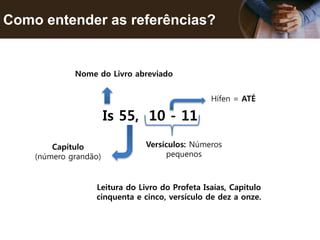 Como entender as referências?
Is 55, 10 - 11
Nome do Livro abreviado
Capítulo
(número grandão)
Hífen = ATÉ
Versículos: Números
pequenos
Leitura do Livro do Profeta Isaías, Capítulo
cinquenta e cinco, versículo de dez a onze.
 