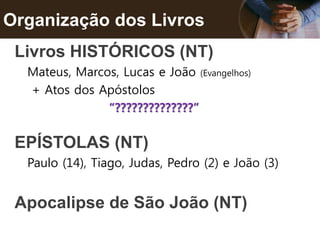 Organização dos Livros
Livros HISTÓRICOS (NT)
Mateus, Marcos, Lucas e João (Evangelhos)
+ Atos dos Apóstolos
“??????????????”
EPÍSTOLAS (NT)
Paulo (14), Tiago, Judas, Pedro (2) e João (3)
Apocalipse de São João (NT)
 