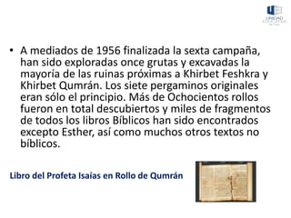 • A mediados de 1956 finalizada la sexta campaña,
han sido exploradas once grutas y excavadas la
mayoría de las ruinas próximas a Khirbet Feshkra y
Khirbet Qumrán. Los siete pergaminos originales
eran sólo el principio. Más de Ochocientos rollos
fueron en total descubiertos y miles de fragmentos
de todos los libros Bíblicos han sido encontrados
excepto Esther, así como muchos otros textos no
bíblicos.
Libro del Profeta Isaías en Rollo de Qumrán
 
