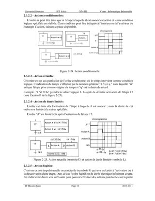 Université libanaise IUT-Saïda GIM-III Cours : Informatique Industrielle
Dr Hussein Kain Page 16 2010-2011
2.3.2.2 - Actions conditionnelles:
L’ordre ne peut être émis que si l’étape à laquelle il est associé est active et si une condition
logique spécifiée est réalisée. Cette condition peut être indiquée à l’intérieur ou à l’extérieur du
rectangle d’action, suivant la place disponible.
Figure 2-24. Action conditionnelle.
2.3.2.3 - Action retardée:
Cet ordre est un cas particulier de l’ordre conditionnel où le temps intervient comme condition
logique. L’indication du temps s’effectue par la notation générale " t / xi / q " dans laquelle "xi"
indique l'étape prise comme origine du temps et "q" est la durée du retard.
Exemple : "t /x17/ 8s" prendra la valeur logique 1, 8s après la dernière activation de l'étape 17
(voir l’action B de la figure 2-25).
2.3.2.4 - Action de durée limitée:
L'ordre est émis dès l'activation de l'étape à laquelle il est associé ; mais la durée de cet
ordre sera limitée à la valeur spécifiée.
L'ordre "A" est limité à 5s après l'activation de l'étape 17.
Figure 2-25. Action retardée (symbole D) et action de durée limitée (symbole L).
2.3.2.5 - Action fugitive:
C’est une action impulsionnelle ou ponctuelle (symbole P) qui sera exécutée à l'activation ou à
la désactivation d'une étape. Dans ce cas l'ordre fugitif est de durée théorique infiniment courte.
En réalité cette durée sera suffisante pour pouvoir effectuer des actions ponctuelles sur la partie
 