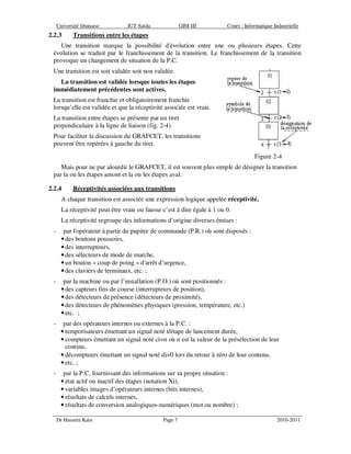 Université libanaise IUT-Saïda GIM-III Cours : Informatique Industrielle
Dr Hussein Kain Page 7 2010-2011
2.2.3 Transitions entre les étapes
Une transition marque la possibilité d'évolution entre une ou plusieurs étapes. Cette
évolution se traduit par le franchissement de la transition. Le franchissement de la transition
provoque un changement de situation de la P.C.
Une transition est soit validée soit non validée.
La transition est validée lorsque toutes les étapes
immédiatement précédentes sont actives.
La transition est franchie et obligatoirement franchie
lorsqu’elle est validée et que la réceptivité associée est vraie.
La transition entre étapes se présente par un tiret
perpendiculaire à la ligne de liaison (fig. 2-4).
Pour faciliter la discussion du GRAFCET, les transitions
peuvent être repérées à gauche du tiret.
Figure 2-4
Mais pour ne par alourdir le GRAFCET, il est souvent plus simple de désigner la transition
par la ou les étapes amont et la ou les étapes aval.
2.2.4 Réceptivités associées aux transitions
A chaque transition est associée une expression logique appelée réceptivité.
La réceptivité peut être vraie ou fausse c’est à dire égale à 1 ou 0.
La réceptivité regroupe des informations d’origine diverses émises :
- par l'opérateur à partir du pupitre de commande (P.R.) où sont disposés :
• des boutons poussoirs,
• des interrupteurs,
• des sélecteurs de mode de marche,
• un bouton « coup de poing » d'arrêt d’urgence,
• des claviers de terminaux, etc. ;
- par la machine ou par l’installation (P.O.) où sont positionnés :
• des capteurs fins de course (interrupteurs de position),
• des détecteurs de présence (détecteurs de proximité),
• des détecteurs de phénomènes physiques (pression, température, etc.)
• etc. ;
- par des opérateurs internes ou externes à la P.C. :
• temporisateurs émettant un signal noté t/étape de lancement durée,
• compteurs émettant un signal noté ci=n où n est la valeur de la présélection de leur
continu,
• décompteurs émettant un signal noté di=0 lors du retour à zéro de leur contenu,
• etc. ;
- par la P.C. fournissant des informations sur sa propre situation :
• état actif ou inactif des étapes (notation Xi),
• variables images d’opérateurs internes (bits internes),
• résultats de calculs internes,
• résultats de conversion analogiques-numériques (mot ou nombre) ;
 