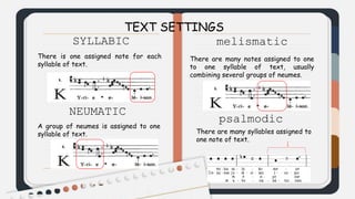 TEXT SETTINGS
SYLLABIC
There is one assigned note for each
syllable of text.
NEUMATIC
A group of neumes is assigned to one
syllable of text.
melismatic
There are many notes assigned to one
to one syllable of text, usually
combining several groups of neumes.
psalmodic
There are many syllables assigned to
one note of text.
 