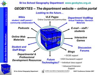 VLE Pages Online Courses and Communities E-mail – staff / students Blogs GCSE support KS4 Coursework support Individual class support Advanced Extension Support Podcasts Online Web  Materials Interactive Games Departmental & Professional Development Resources Future Technologies? St Ivo School Geography Department  www.geobytes.org.uk   GEOBYTES – The department website – online portal Looking to the future… Wikis   student / staff/ parent / community collaboration Department VodBlog  Virtual Fieldtrips / Revision Materials Student and Staff Blogs Discussion Forums 