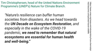 https://www.unep.org/news-and-stories/story/how-chernobyl-
has-become-unexpected-haven-wildlife
“Nature’s resilience can buffer human
societies from disasters. As we head towards
the UN Decade on Ecosystem Restoration, and
especially in the wake of the COVID-19
pandemic, we need to remember that natural
ecosystems are essential for human health
and well-being.”
Tim Christophersen, head of the United Nations Environment
Programme’s (UNEP’s) Nature for Climate Branch.
 