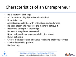 TRINITY INSTITUTE OF PROFESSIONAL STUDIES
Sector – 9, Dwarka Institutional Area, New Delhi-75
Characteristics of an Entrepreneur
• He is a catalyst of change
• Action oriented, highly motivated individual
• Undertakes risk
• Accepts responsibilities with enthusiasm and endurance
• He has a dream and visualizes the means to achieve it
• Has sound conceptual knowledge
• He has a strong desire to succeed
• Needs independence in work and decision making
• Highly optimistic
• Create, innovate or even add value to existing products/ services
• Exhibits leadership qualities
• Hardworking
 