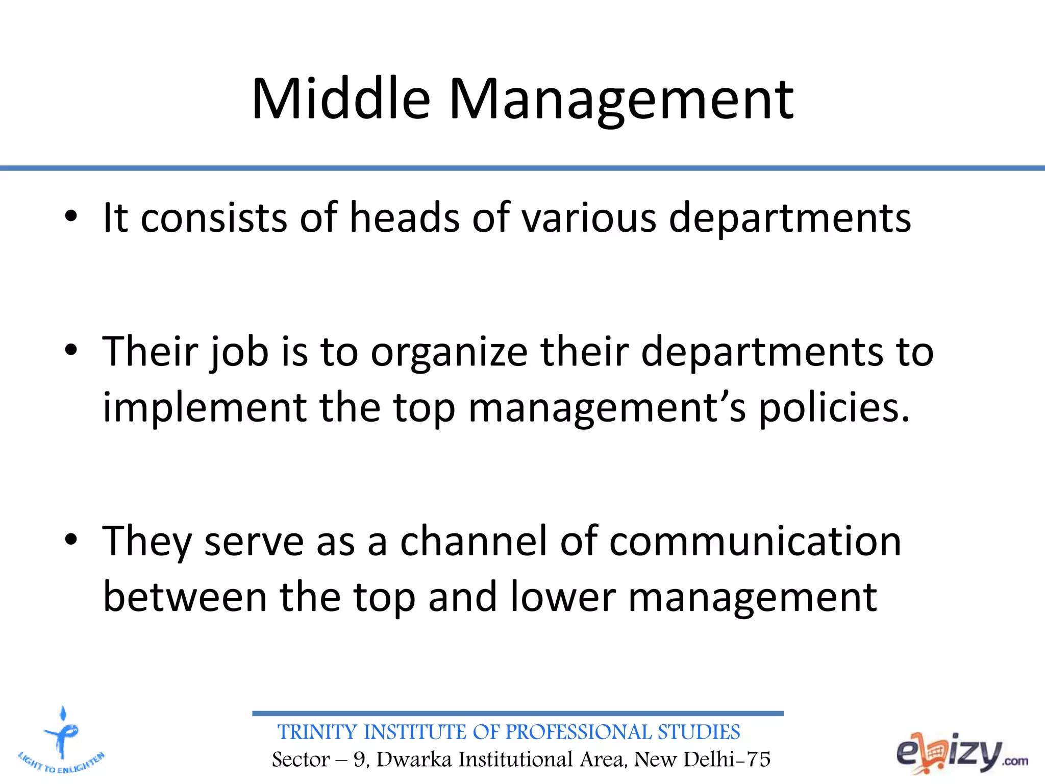 TRINITY INSTITUTE OF PROFESSIONAL STUDIES
Sector – 9, Dwarka Institutional Area, New Delhi-75
Middle Management
• It consists of heads of various departments
• Their job is to organize their departments to
implement the top management’s policies.
• They serve as a channel of communication
between the top and lower management
 