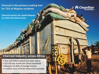 Charcoal industry across Africa
• Over $10 billion annual consumer spend
• $25-$35 per month per urban household
• Between 10-30% of average income
• 5 million acres of forest destruction annually
Charcoal is the primary cooking fuel
for 75% of Maputo residents
Charcoal reaches the capital Maputo
on trains from forest areas
2
 