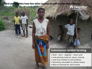 Rural communities have few other sources of cash income than Charcoal
Subsistence rainfed farming
• Slash – burn – degrade – move cycle
• Lack planting material, inputs, training
• Lack local markets to sell surpluses
• Extremely vulnerable to climate shocks
• Rely on Charcoal for cash income
6
 