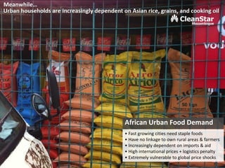 African Urban Food Demand
• Fast growing cities need staple foods
• Have no linkage to own rural areas & farmers
• Increasingly dependent on imports & aid
• High international prices + logistics penalty
• Extremely vulnerable to global price shocks
Meanwhile…
7
 