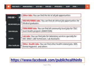 Other Jobs: You can find the list of all job opportunities
MD/MS/MBBS Jobs: You can find all clinical job opportunities for
Medical graduates
CMA/ANM Jobs: You can find all community level jobs for TSLC
level Health program (ANM/CMA)
Lab Jobs: You can find jobs for laboratory services specially for
MLT, BMLT, LAB Technicians, Lab Assistants
Other Health Jobs: You can find other health related jobs: BDS,
Dental Hygienist, and others
Sagun's Blog 7
https://www.facebook.com/publichealthinfo
 
