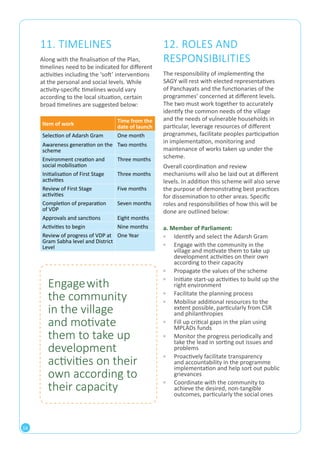 16 
11. TIMELINES 
Along with the finalisation of the Plan, 
timelines need to be indicated for different 
activities including the ‘soft’ interventions 
at the personal and social levels. While 
activity-specific timelines would vary 
according to the local situation, certain 
broad timelines are suggested below: 
Item of work Time from the 
date of launch 
Selection of Adarsh Gram One month 
Awareness generation on the 
scheme 
Two months 
Environment creation and 
social mobilisation 
Three months 
Initialisation of First Stage 
activities 
Three months 
Review of First Stage 
activities 
Five months 
Completion of preparation 
of VDP 
Seven months 
Approvals and sanctions Eight months 
Activities to begin Nine months 
Review of progress of VDP at 
One Year 
Gram Sabha level and District 
Level 
12. ROLES AND 
RESPONSIBILITIES 
The responsibility of implementing the 
SAGY will rest with elected representatives 
of Panchayats and the functionaries of the 
programmes’ concerned at different levels. 
The two must work together to accurately 
identify the common needs of the village 
and the needs of vulnerable households in 
particular, leverage resources of different 
programmes, facilitate peoples participation 
in implementation, monitoring and 
maintenance of works taken up under the 
scheme. 
Overall coordination and review 
mechanisms will also be laid out at different 
levels. In addition this scheme will also serve 
the purpose of demonstrating best practices 
for dissemination to other areas. Specific 
roles and responsibilities of how this will be 
done are outlined below: 
a. Member of Parliament: 
▫▫ Identify and select the Adarsh Gram 
▫▫ Engage with the community in the 
village and motivate them to take up 
development activities on their own 
according to their capacity 
▫▫ Propagate the values of the scheme 
▫▫ Initiate start-up activities to build up the 
right environment 
▫▫ Facilitate the planning process 
▫▫ Mobilise additional resources to the 
extent possible, particularly from CSR 
and philanthropies 
▫▫ Fill up critical gaps in the plan using 
MPLADs funds 
▫▫ Monitor the progress periodically and 
take the lead in sorting out issues and 
problems 
▫▫ Proactively facilitate transparency 
and accountability in the programme 
implementation and help sort out public 
grievances 
▫▫ Coordinate with the community to 
achieve the desired, non-tangible 
outcomes, particularly the social ones 
Engage with 
the community 
in the village 
and motivate 
them to take up 
development 
activities on their 
own according to 
their capacity 
 