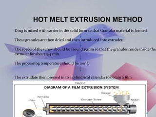 HOT MELT EXTRUSION METHOD
Drug is mixed with carrier in the solid form so that Granular material is formed
These granules are then dried and then introduced Into extruder.
The speed of the screw should be around 15rpm so that the granules reside inside the
extruder for about 3-4 min.
The processing temperature should be 100˚C
The extrudate then pressed in to a cylindrical calendar to obtain a film
18
 