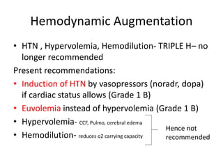 Hemodynamic Augmentation
• HTN , Hypervolemia, Hemodilution- TRIPLE H– no
longer recommended
Present recommendations:
• Induction of HTN by vasopressors (noradr, dopa)
if cardiac status allows (Grade 1 B)
• Euvolemia instead of hypervolemia (Grade 1 B)
• Hypervolemia- CCF, Pulmo, cerebral edema
• Hemodilution- reduces o2 carrying capacity
Hence not
recommended
 