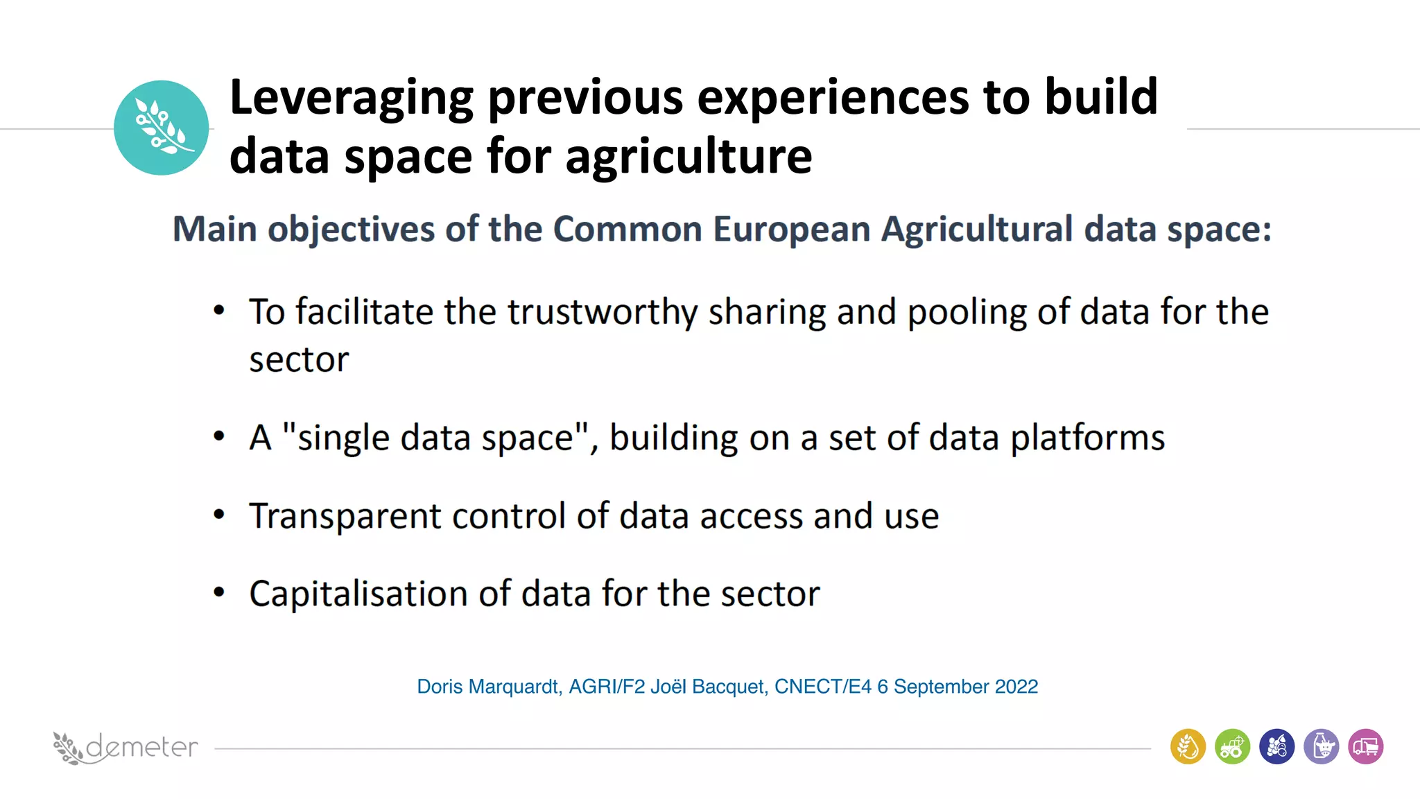 Place
Pilot
icon
Leveraging previous experiences to build
data space for agriculture
Doris Marquardt, AGRI/F2 Joël Bacquet, CNECT/E4 6 September 2022
 