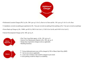 • Preferential Location Charges (PLC) @ Rs. 200/- per sq. ft. for 2nd floor to 4th floor and Rs. 150/- per sq. ft. for 5th to 8th floor
• 2 mandatory covered car parking per apartment @ Rs. 3 lacs per covered car parking (Extra parking @ Rs. 5 lacs per covered car parking)
• Power Back-up Charges @ Rs. 15000/- per KVA (15KVA for Unit A, 12 KVA for Unit B, and 10 KVA for Unit C)
• Internal Development Charges @ Rs. 100/- per sq. ft.
• One Time Lease Rent approx. @ Rs. 120/- per sq. ft.
• Interest Free Maintenance Deposit @ Rs. 100/- per sq. ft.
• Stamp duty (registration charges) extra as applicable
• Building Insurance
** Terrace/dedicated green area will be charged @ 50% of Basic Sales Price (BSP)
** Service tax extra as applicable
** Lease rent is tentative and would be charged as per actual.
** Extra parking would be subject to availability
 