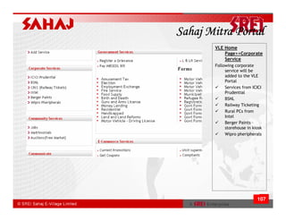 Sahaj Mitra Portal
       VLE Home
           Page>>Corporate
           Service
       Following corporate
            service will be
            added to the VLE
            Portal
            Services from ICICI
            Prudential
            BSNL
            Railway Ticketing
            Rural PCs from
            Intel
            Berger Paints –
            storehouse in kiosk
            Wipro pheripherals




                            107
 