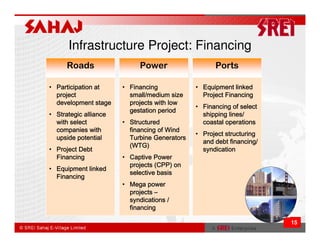 Infrastructure Project: Financing
      Roads                  Power                  Ports

• Participation at     • Financing            • Equipment linked
  project                small/medium size      Project Financing
  development stage      projects with low
                                              • Financing of select
                         gestation period
• Strategic alliance                            shipping lines/
  with select          • Structured             coastal operations
  companies with         financing of Wind
                                              • Project structuring
  upside potential       Turbine Generators
                                                and debt financing/
                         (WTG)
• Project Debt                                  syndication
  Financing            • Captive Power
                         projects (CPP) on
• Equipment linked
                         selective basis
  Financing
                       • Mega power
                         projects –
                         syndications /
                         financing

                                                                      15
 