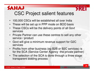 CSC Project salient features
• 100,000 CSCs will be established all over India
• These will be set up in PPP mode on BOO basis
• These CSCs will be the delivery points of all Govt
  services
• Private Partner can use these centres to sell any other
  service / product
• Govt will give a minimum revenue support for G2C
  services
• Profits from other business (eg B2B or B2C services) is
  for the SCA (Service Center Agency -the private partner)
• The selection of the SCA is done through a three stage
  transparent bidding process

                                                             27
 