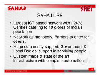 SAHAJ USP
• Largest ICT based network with 22473
  Centres catering to 19 crores of India’s
  population
• Network as monopoly. Barriers to entry for
  others.
• Huge community support. Government &
  Local Bodies’ support in servicing people
• Custom made & state of the art
  infrastructure with complete automation
                                               30
 