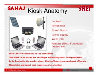 Kiosk Anatomy
                                        • Laptops
                 SAHAJ
                                        • Peripherals
                                        • Brand Space
                                        • Power Supply
                                        • Wi-Fi   (CPE)
             7
                                        • Printers (Multi Functional
                                          Device) etc

• Each CSC to be financed to the Franchisee.
• One kiosk to be set up per 6 villages addressing about 9437population
• To be located in the market place, Block offices, gram panchayat office etc
• Biometrics and smart card readers can be attached
 