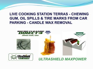 LIVE COOKING STATION TERRAS - CHEWING
GUM, OIL SPILLS & TIRE MARKS FROM CAR
PARKING - CANDLE WAX REMOVAL




             ULTRASHIELD MAXPOWER
 