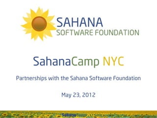SahanaCamp NYC
Partnerships with the Sahana Software Foundation


                 May 23, 2012


                 SahanaCamp NYC
 
