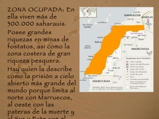 ZONA OCUPADA: En ella viven más de 300.000 saharauis. Posee grandes riquezas en minas de fostatos, así como la zona costera de gran riqueza pesquera. Hay quien la describe como la prisión a cielo abierto más grande del mundo porque limita al norte con Marruecos, al oeste con las pateras de la muerte y al Sur y Este con el muro ( todo un ejército, millones de minas y alambradas). 