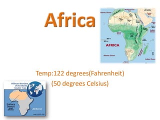 		Africa Temp:122 degrees(Fahrenheit) (50 degrees Celsius) 