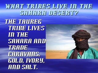 What tribes live in theWhat tribes live in the
Sahara Desert?Sahara Desert?
The tauregThe taureg
tribe livestribe lives
in thein the
Sahara andSahara and
tradetrade
caravans,caravans,
gold, ivory,gold, ivory,
and salt.and salt.
 